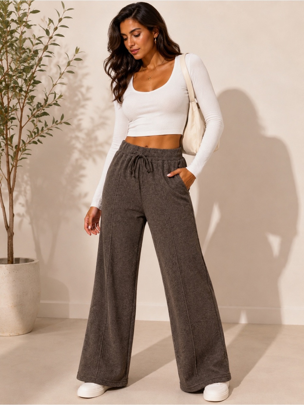 Wide-Leg Knit Drawstring Pants in Charcoal